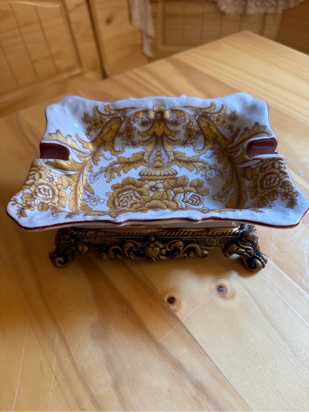 Ornate Gold Floral Ceramic Ashtray with Decorative Stand